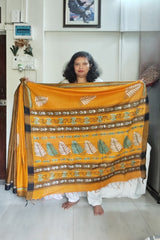 Mustard Yellow with Brown Border Khadi Cotton Kantha Saree