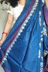 Indigo Blue with Purple Border Khadi Cotton Kantha Saree