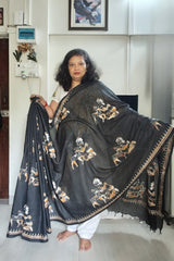 Black with Beige, White and Mustard Tribal Motifs on Cotton Khadi Kantha Saree
