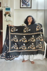Black with Beige, White and Mustard Tribal Motifs on Cotton Khadi Kantha Saree