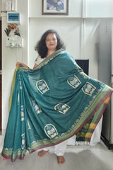 Deep Teal Green with Olive Green, Mustard & Maroon Accents Owl Motif Khadi Cotton Kantha Saree