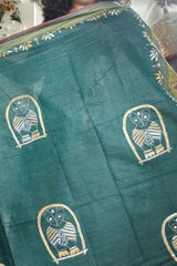 Deep Teal Green with Olive Green, Mustard & Maroon Accents Owl Motif Khadi Cotton Kantha Saree
