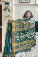 Deep Teal Green with Olive Green, Mustard & Maroon Accents Owl Motif Khadi Cotton Kantha Saree