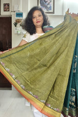 Deep Teal Green with Olive Green, Mustard & Maroon Accents Owl Motif Khadi Cotton Kantha Saree