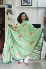 Pastel mint green handcrafted floral Kantha Khadi Cotton Saree